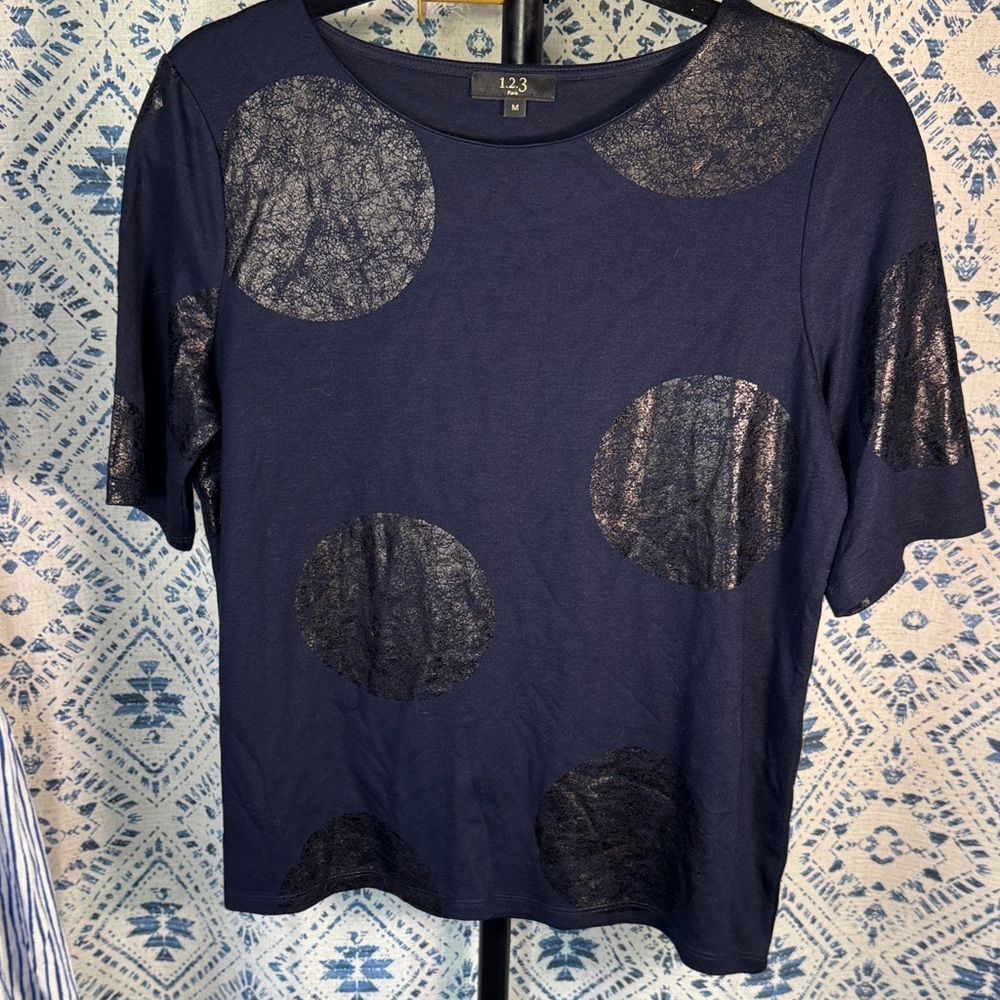 1.2.3 Elegant Navy Top with Metallic Circles
